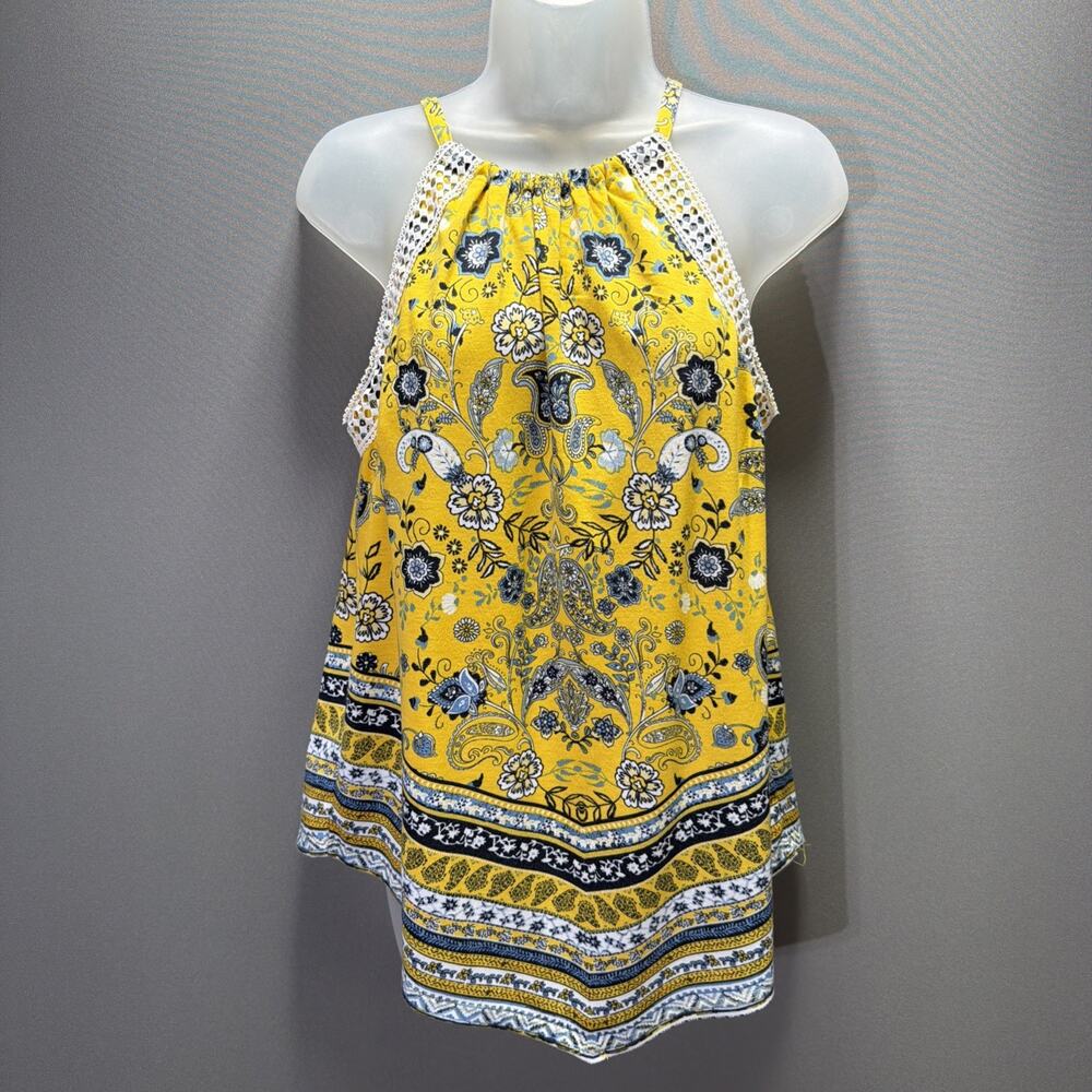 Cato Womens Medium Boho Crochet Neck Tank Top Yellow Blue Paisley